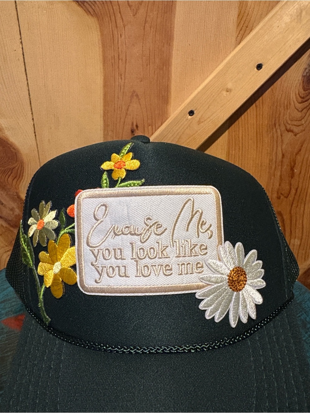 OTTO Dark Green Trucker Hat with Yellow & White Floral Embroidery